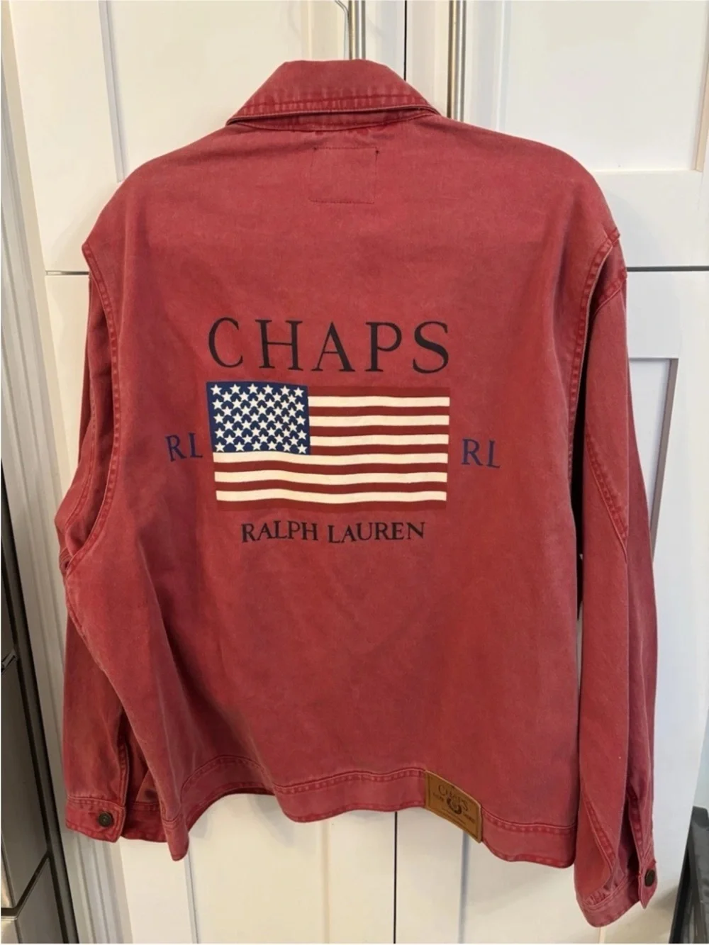 90S  Rare Vintage Men’s Chaps  Ralph Lauren Red American Flag Denim Jacket Sz M